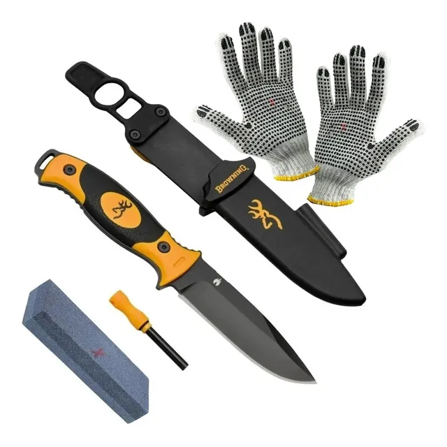 Cuchillo Supervivencia Con Pedernal + Piedra Afilar + Guante
