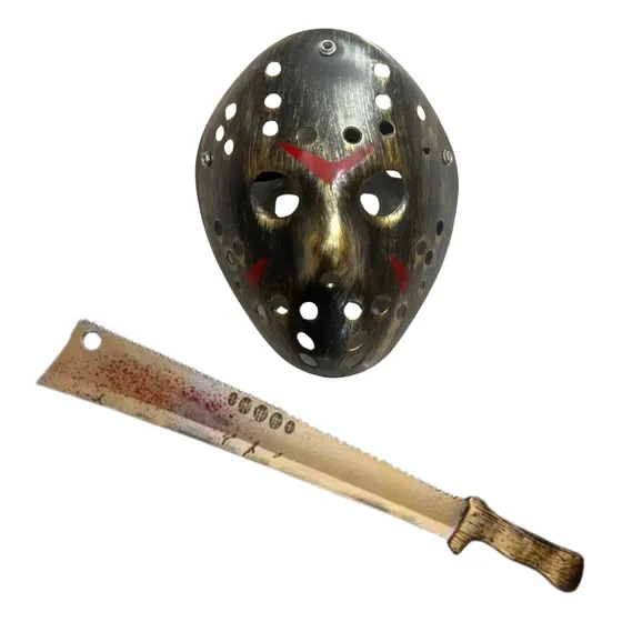 Set Jason Voorhees Máscara Cuchillo Carnicero Halloweem Color Dorado Oscuro