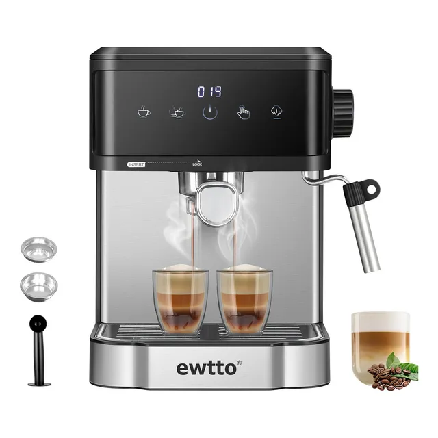 Cafetera Espresso y Cappuccino Electrica Profesional, 20 Bares de Presión, 850 W, 2 Tazas, Sistema de Espuma para Café Cappuccino, Tanque de Agua 1.7 L, Filtro Lavable, Panel Táctil Inteligente,Negro