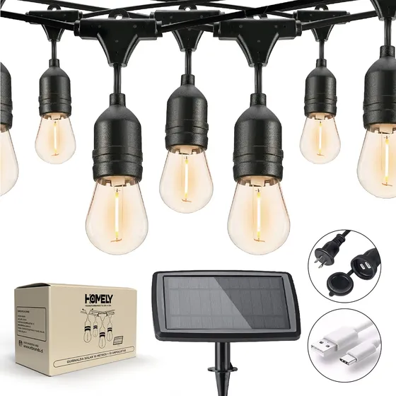Guirnalda Solar Exterior Homely Luces Terraza Vintage 10 Metros + 10 Ampolletas Impermeables E27