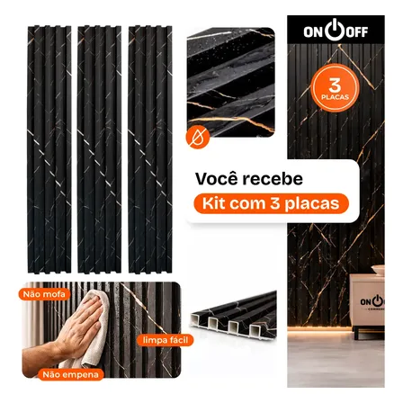 Kit 3 Painel Ripado Wpc 97 Cm (total 2,90m ) Decor Parede Mármore Preto Marmorizado