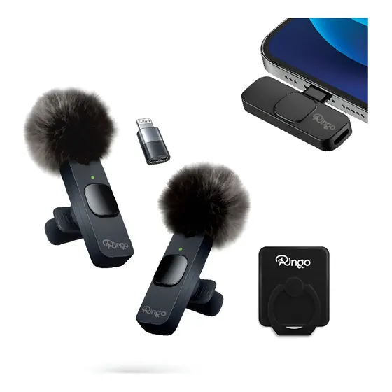 Micrófono Inalámbrico Corbatero Para Celular Ringo x2 Cubreviento Receptor USB-C y Adaptador Lightning Ideal Streaming Para Creadores de Contenido Influencers Color Negro