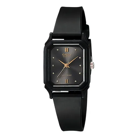 Reloj Casio Original Dama Lq-142e-1 Análogo Color De La Correa Negro Color Del Fondo Café Oscuro