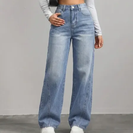 Calça Jeans Cintura Alta Pantalona Feminina Azul-claro Listras L