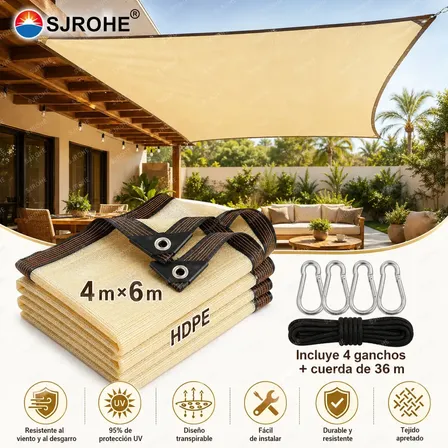 Sjrohe Malla Sombra Para Jardin 4x6 Metros Con Cuerda De 36 Metros + 4 Hebilla, 95 % De Bloqueo De La Luz Protección Uv... Beige