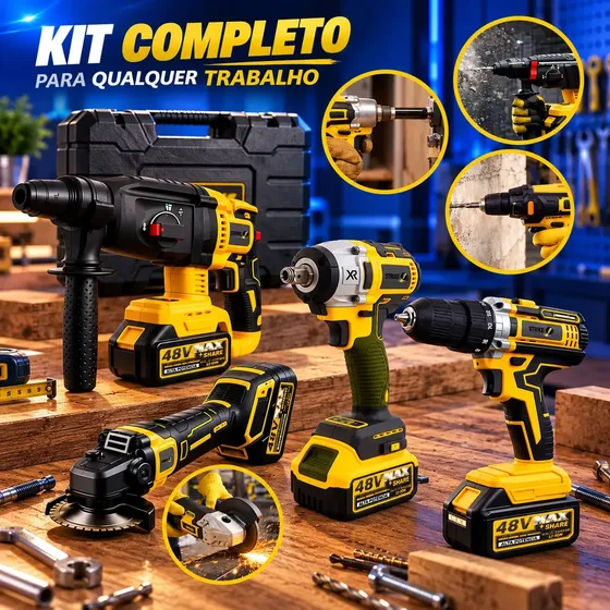 Kit Multi Ferramentas 4 Em 1 48v Sem Fio Com 2 Baterias Furadeira Parafusadeira Martelete Esmerilhadeira Chave De Impacto Com Maleta Alta Potência Uso Profissional E Doméstico Simake