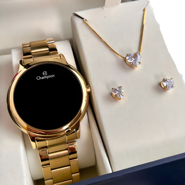 Kit Relógio Feminino Champion Original Dourado Com Fundo Preto Colar E Brincos