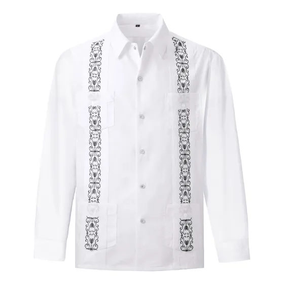 Camisa Guayabera Bordada Multibolsillos Manga Larga Hombre