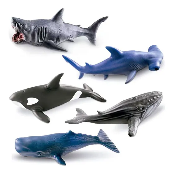 Kit Cartela 5 Animais Marinhos Brinquedo Tubarão Baleia 14cm