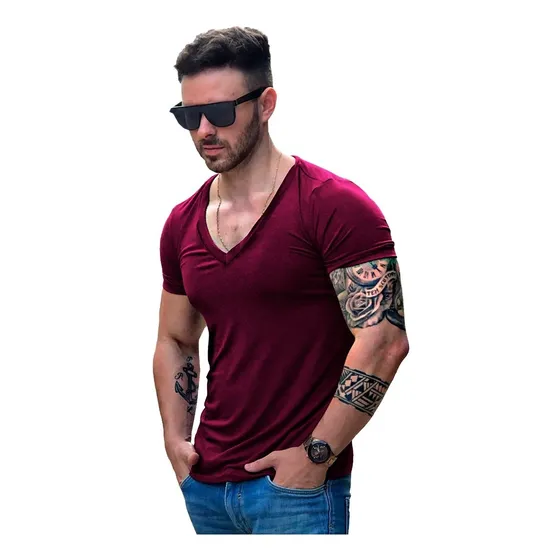 Camiseta Masculina Slim Fit Gola V Cavada Várias Cores
