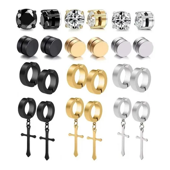 Aretes Falsos De Acero Con Imán Y Diseño De Cruz, 24 Piezas