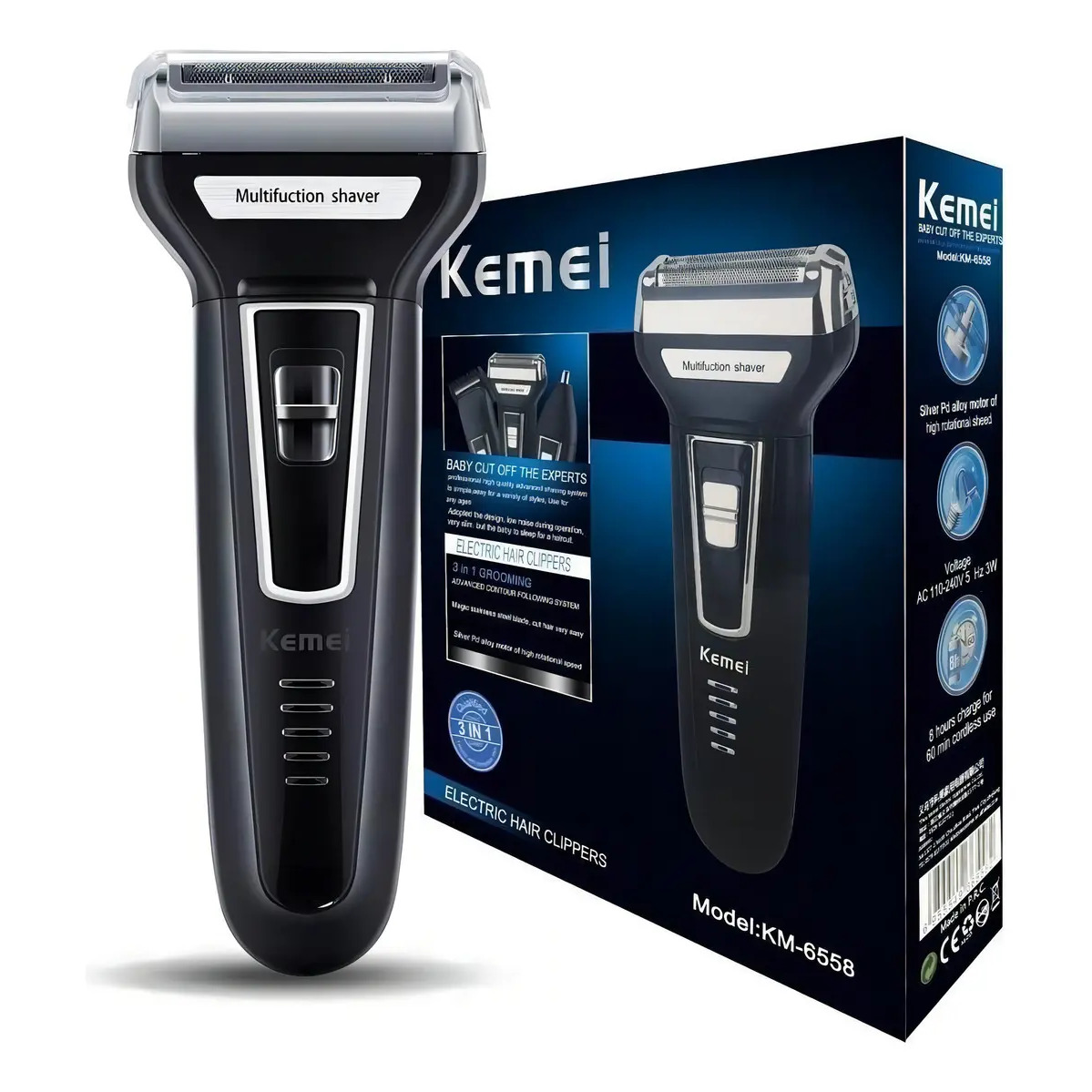 Aparador Barbeador Kemei KM 6558 3 em 1 Recarregavel