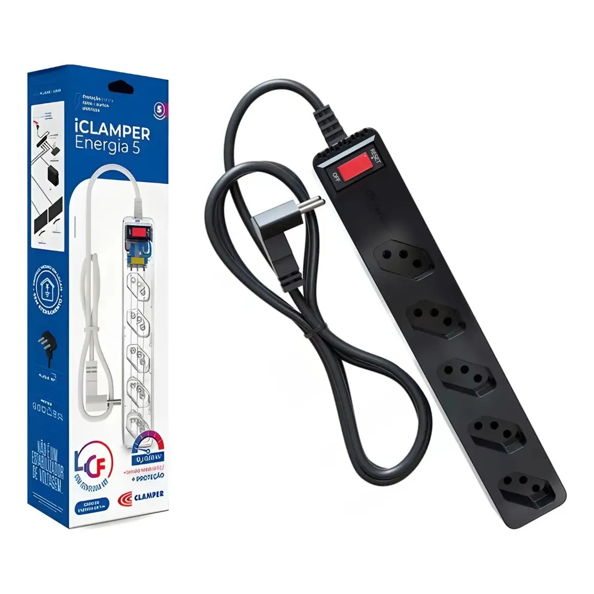 Filtro de linha Clamper Energia 5 na cor preta com 5 tomadas e cabo de força, ao lado de sua embalagem original.