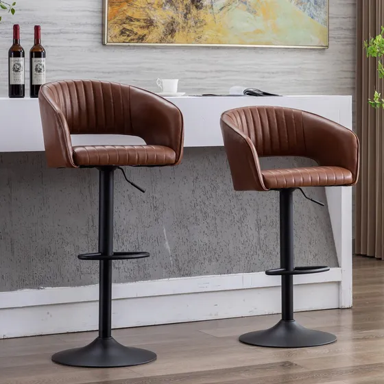 Juego 2 Taburete Bar Cuero Marron Ajustabl Respaldo