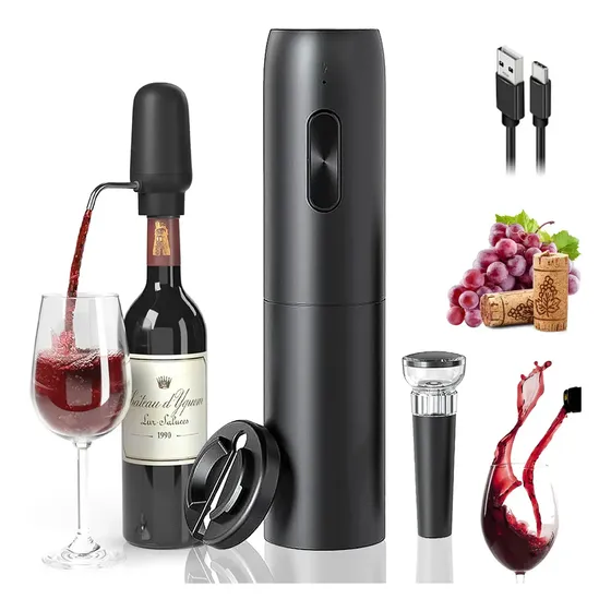 Abridor De Vinho Elétrico Recarregável Usb - Kit Completo 4 Em 1 Com Decantador E Bomba De Vácuo, Pr