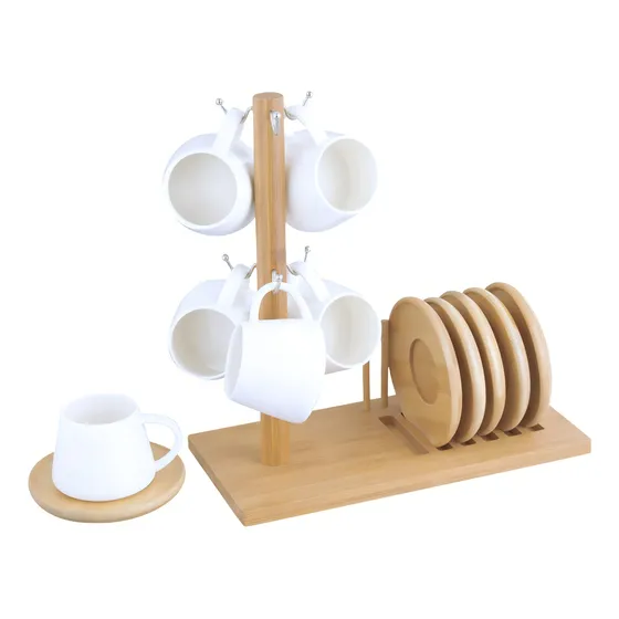 Jogo 6 Xicaras Café 90ml Porcelana Pires Suporte Bambu Oásis