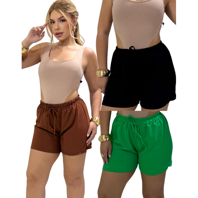 Kit 3 Shorts Feminino Curto Tecido Duna Cos Com Elastico