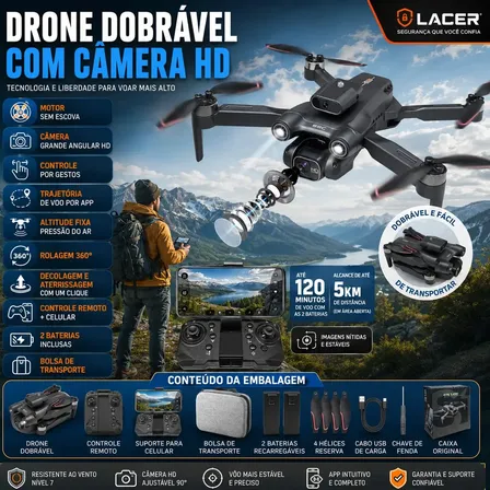 Drone Profissional Dobrável com Câmera HD WiFi FPV, Motor Brushless, 2 Baterias, Controle Remoto RC e App, Gestos, Altitude Fixa, Giro 360°, Decolagem 1 Toque e Bolsa de Transporte