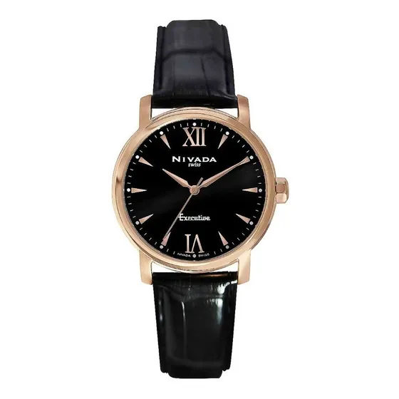 Reloj Nivada Executive Dama, Pvd Oro Rosa, Piel Color Negro Bisel PVD ROSA