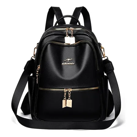 Mochila Feminina Couro Alta Qualidade C/ Alça Ombro Elegante Cor Preto Desenho Do Tecido Lisa