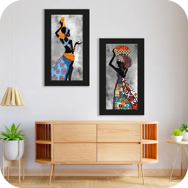 Cuadro Combo Set X2 Africanas Jarrones Etnico C/ Marco Negro