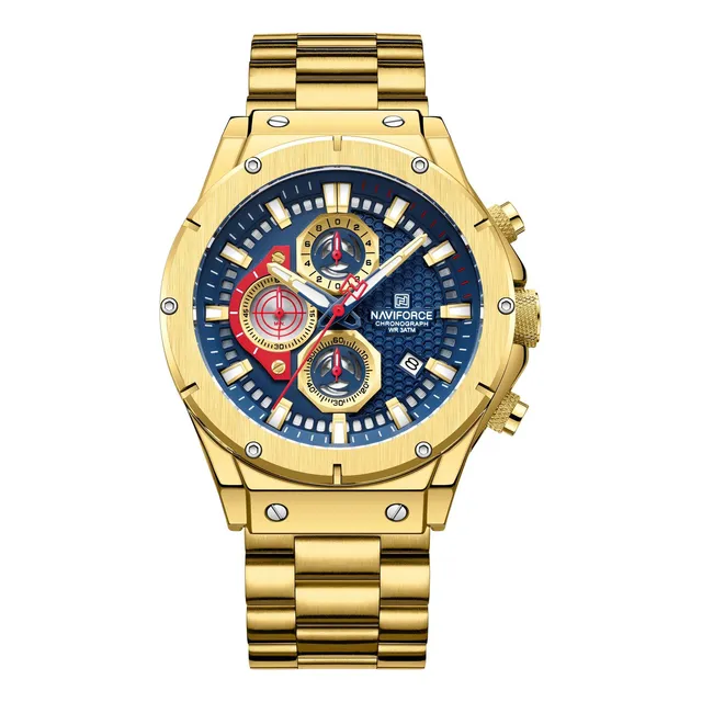 Reloj Hombre Naviforce Nf8026gbe Dorado Acero Inoxidable Fondo Azul Oscuro