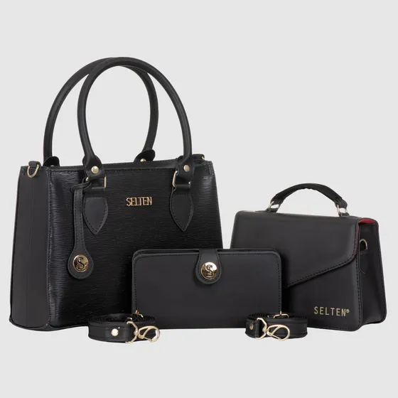 Kit Bolsa Feminina Media E Pequena Transversal Com Carteira Acambamento dos ferragens Ouro Cor Preto Desenho do tecido Lisa
