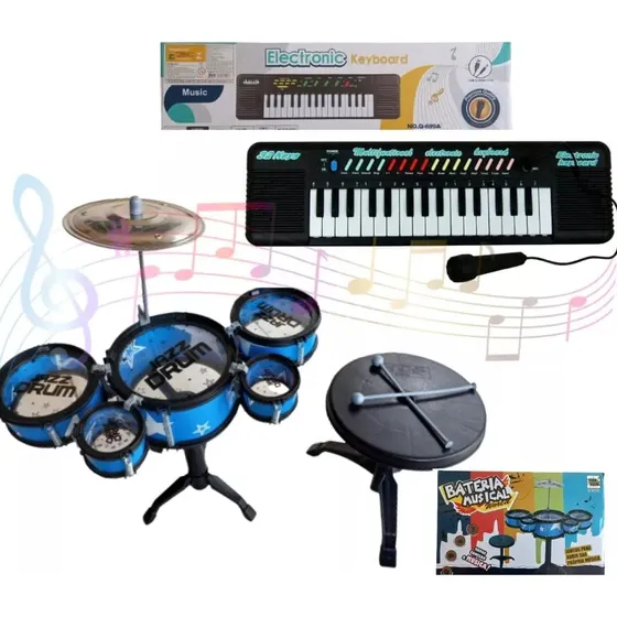 Kit Infantil Musical Teclado + Mini Bateria Com Banquinho
