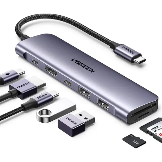 Hub Tipo-c Ugreen Para 2* Usb 3.0 + Hdmi + Usb-c + Sd/tf +pd Prateado