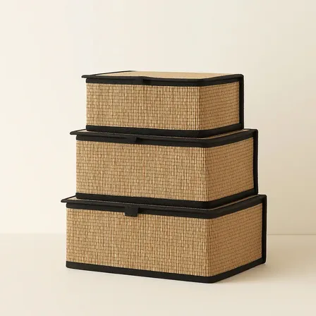 Kit Com 3 Cestos P M G Premium Caixa Organizadora Multiuso Com Tampa Material Bambu E Palha Organiza Quarto Banheiro Escritório Sala Cesto Boho Rustico Decorativo Preto E Palha