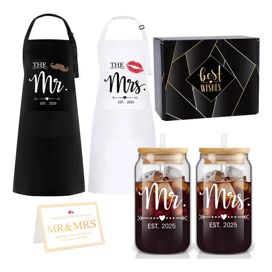 Mr Mrs Est 2025 Juego Regalo Vaso Delantal Compromiso Para