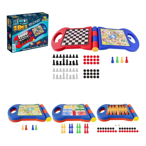 Jogo Tabuleiro 5em1 Xadrez Dama Gamão Ludo Ganso Clássico