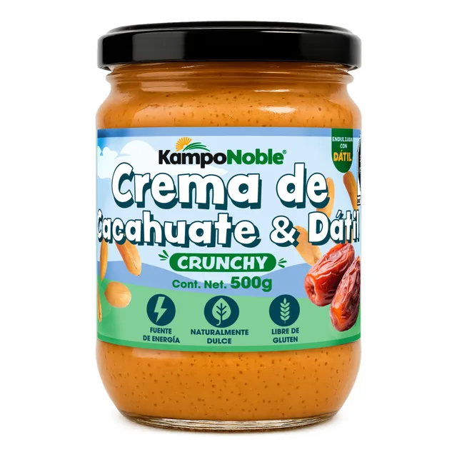 Crema Crunchy De Cacahuate tostado & Dátil | Naturalmente Dulce | Sin Sal & Sin Aceites añadidos | Contenido Neto: 500g | KampoNoble