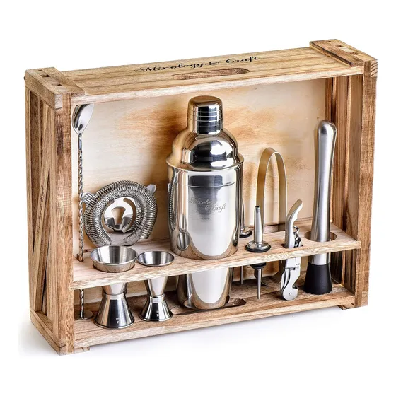 Kit Coctelera De 11 Piezas Con Soporte De Madera Rústica