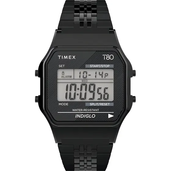 Reloj Timex T80 de 34 mm, correa Uni Black de acero inoxidable