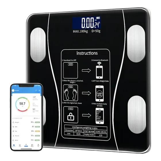 Balanza De Baño Digital Bluetooth 180kg Personas Color Negro | Cuotas sin interés