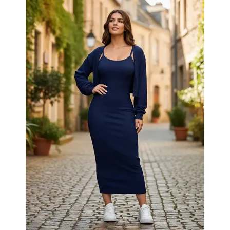 Conjunto Vestido Alça Fina Midi Canelado C Casaco Blogueira