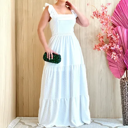 Vestido Longo Luxo Com Babada Na Mangas E Reda Na Cintura