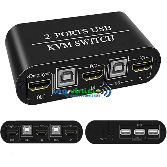 Switch Kvm 2 Puertos  Hdmi Usb + 2 Set De Cables Para 2 Pc