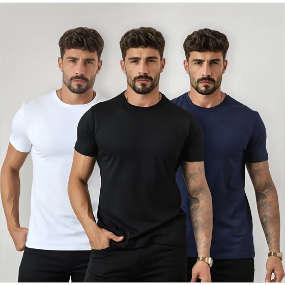 Kit 3 Camiseta Camisa Básica Masculina Slim