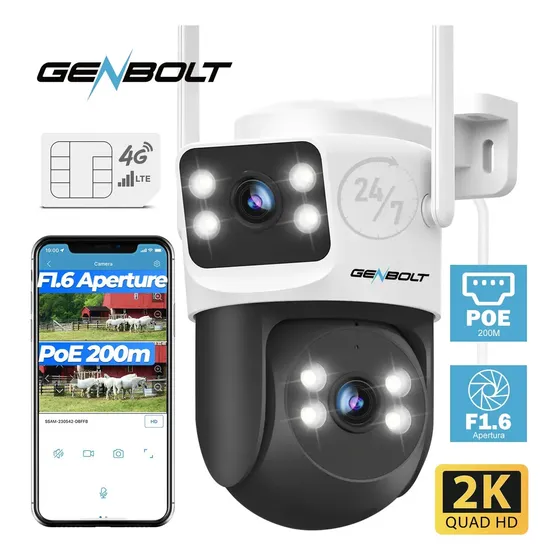 Genbolt 3g/4g Lte Cámara De Vigilancia Exterior Con Sim Sin Wifi F1.6 Doble Lentes Cctv Cámaras De Seguridad Cableada Grabación 24/7 Cámaras Ip Casa Ptz Con Poe Detección Humano Seguimiento Automático