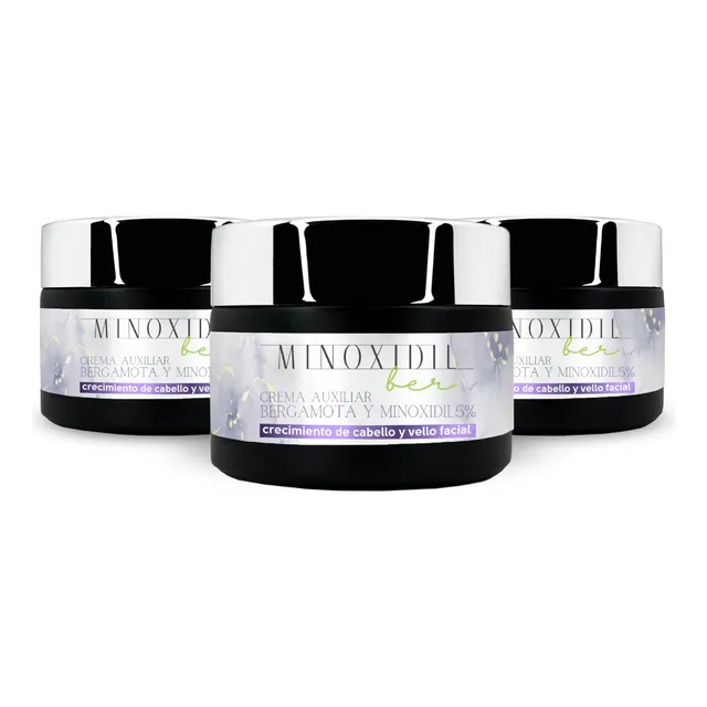 Crema Auxiliar Minoxidil 5% Y Bergamota 3 Tarros 60g C/u