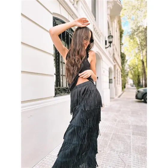 Pollera De Mujer Foil Largo Con Flecos Arizona Guk2059