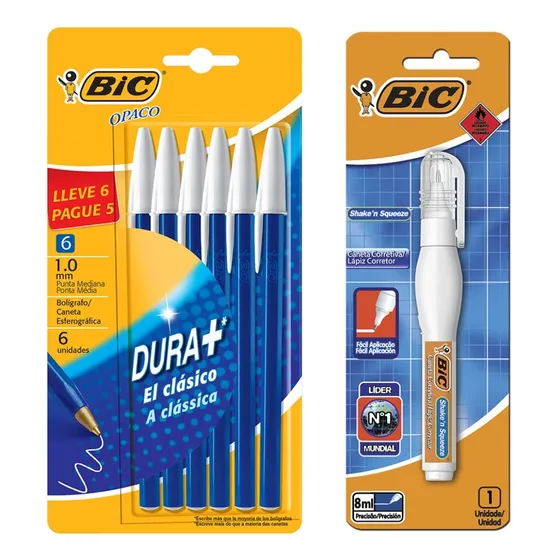 Lapiceras Bic Opaco X6 + Liquid Paper X1 Unid