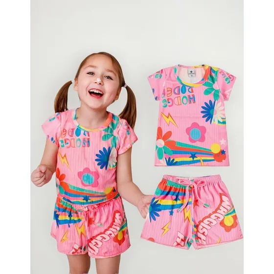 Conjunto Infantil Blusa E Shorts Canelado Leve Verão Premium