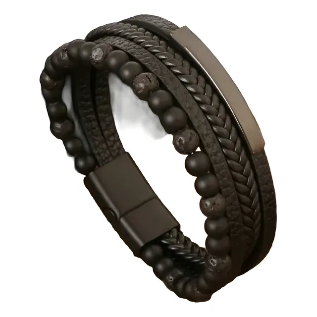 Pulsera Cuero Metal Piedra Volcánica Natural Imán Hombre