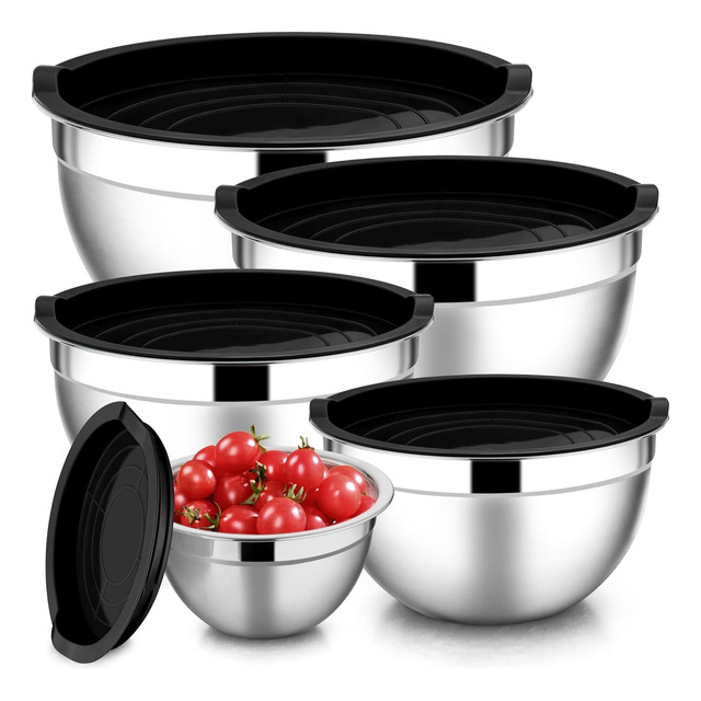 Conjunto De 5 Bowls Tigelas De Inox Com Tampa Plástica Kit Inox Conjunto De 5 Bowls Tigelas De Inox Com Tampa Plástica Kit Inox