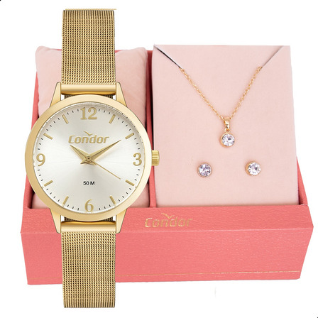 Relógio Feminino Condor Dourado Fácil Ajuste + Kit Joias Fundo Branco Relógio Feminino Condor Dourado Fácil Ajuste + Kit Joias Fundo Branco