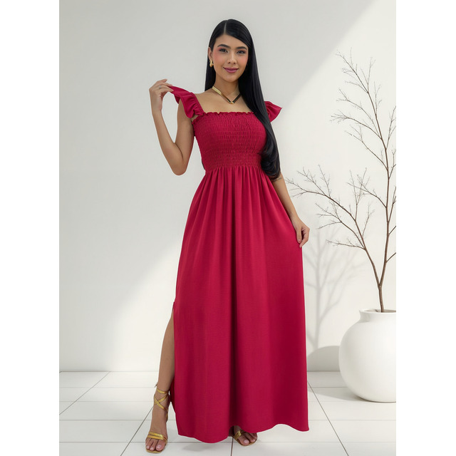 Vestido Longo Feminino Casual Lastex Alcinha Fenda Barato Vestido Longo Feminino Casual Lastex Alcinha Fenda Barato
