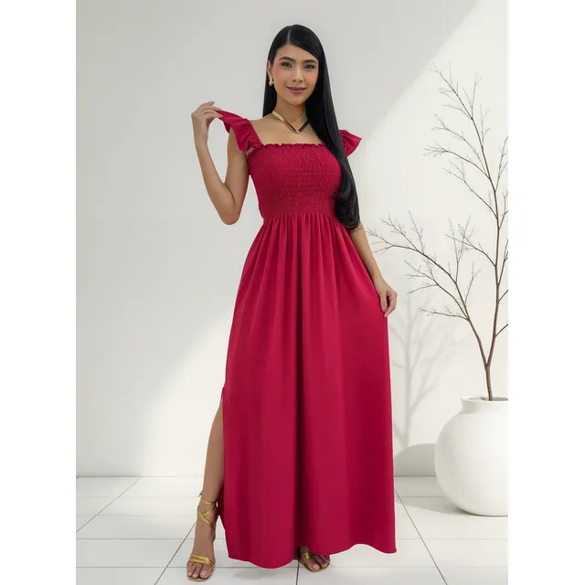 Vestido Longo Feminino Casual Lastex Alcinha Fenda Barato